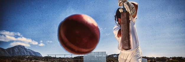 Photo toute la longueur du batteur jouant au cricket sur le terrain contre le ciel bleu