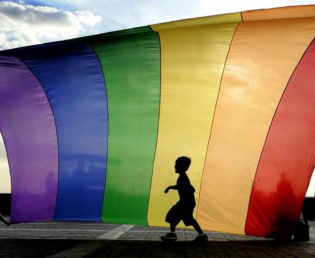 Photo toute la longueur de l'enfant contre le drapeau arc-en-ciel