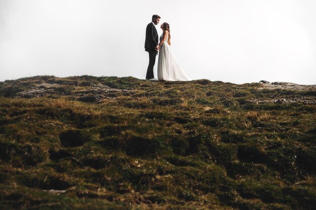 Toute la longueur d'un incroyable couple marié embrassant sur une montagne.