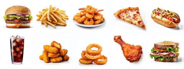 Toutes les collections de restauration rapide Frites de poulet frites pizza sandwich burger crevettes hotdog nugget