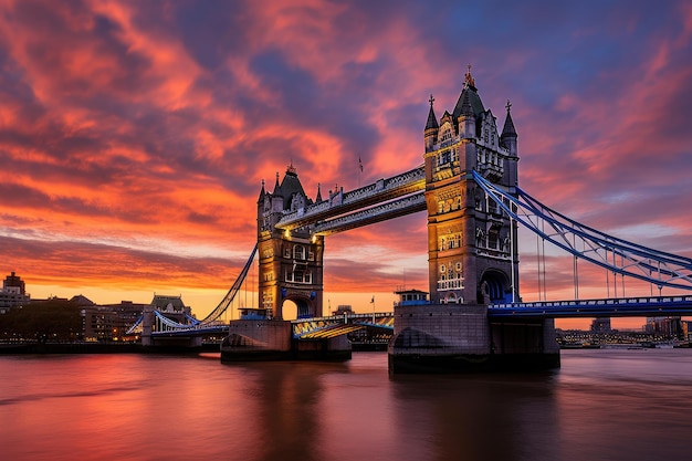 Le Tower Bridge à Londres éclairé dans des couleurs vives au coucher du soleil créant une vue époustouflante et emblématique Tower Bridge à London au coucher de soleil Londres Royaume-Uni Mars généré par l'IA