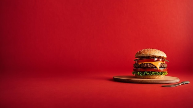 Photo tower of delight extratall hamburger sur un fond rouge vibrant avec beaucoup d'espace pour les copies