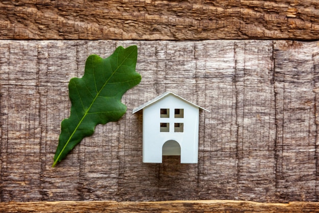 Toy House et feuille de chêne vert sur fond de bois