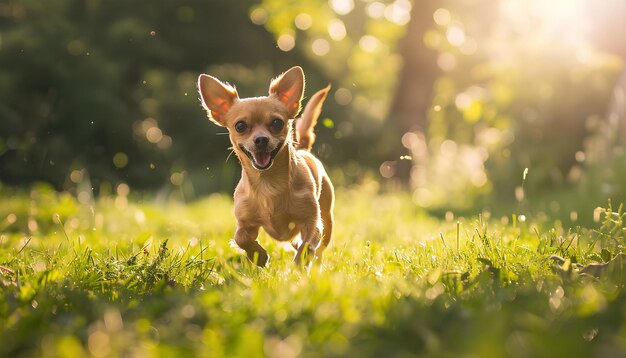 Toy Terrier chien courir à l'extérieur dans l'herbe verte un jour d'été ensoleillé