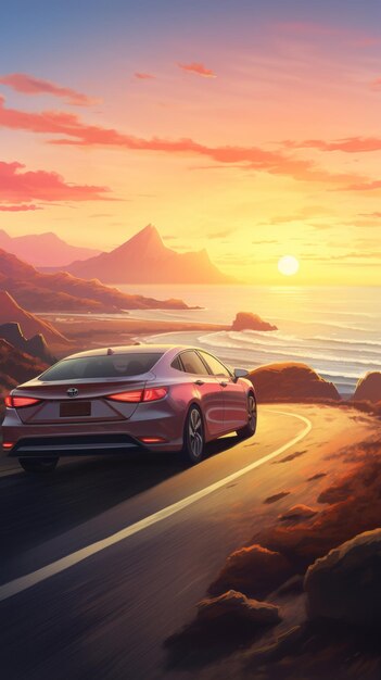 Toyota Camry sur la route au coucher du soleil vue isométrique