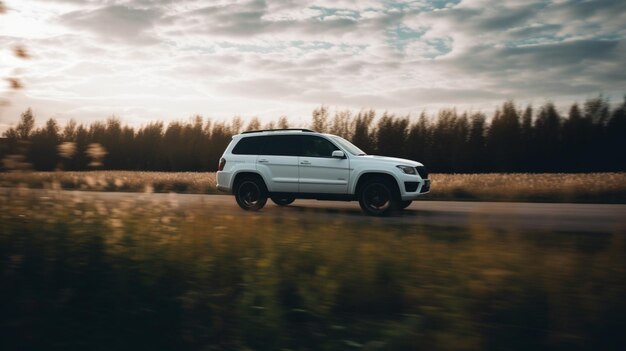 Une toyota rav4 blanche roule sur une route de campagne.