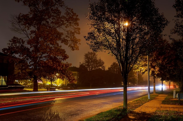 Photo des traces de lumière sur la route la nuit.