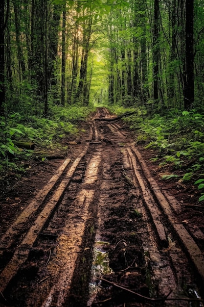 Traces de pneus sur un chemin de terre accidenté dans la forêt créé avec une IA générative