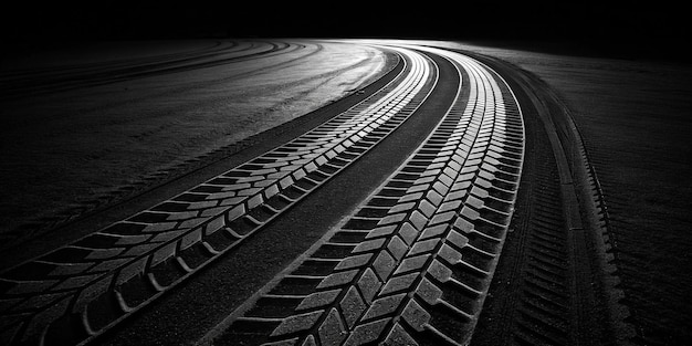 Traces de pneus sur un fond noir Les traces sont noires et montrent le motif de la bande de roulement du pneu
