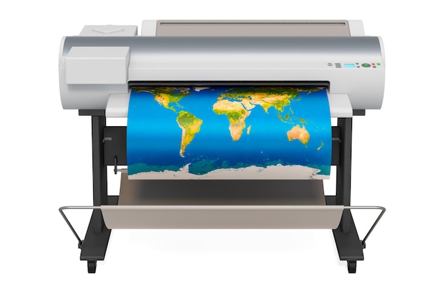 Traceur d'imprimante grand format avec carte du monde rendu 3D