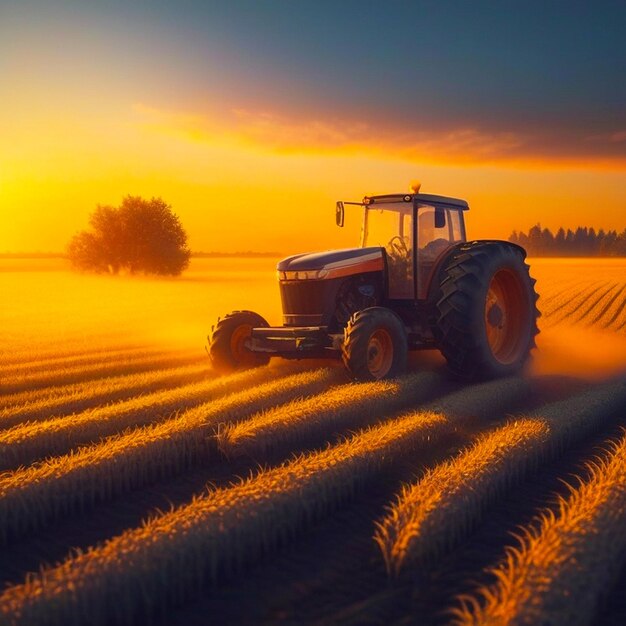 Un tracteur agricole moderne avec de grandes roues traverse un champ agricole