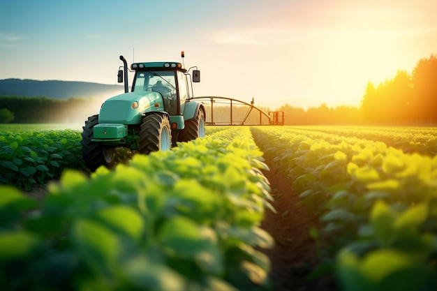 Un tracteur appliquant des pesticides et des engrais sur un champ de soja