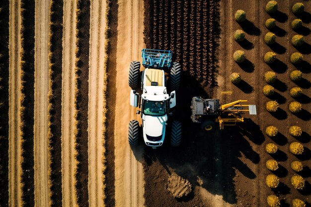 Un tracteur blanc est dans un champ et les mots tracteur sur le côté sont visibles.