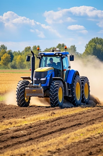 un tracteur bleu laboure un champ