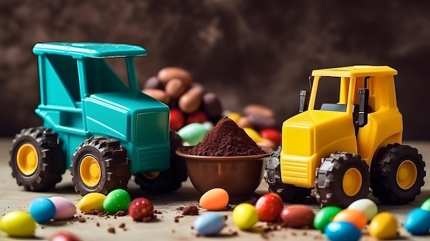 Un tracteur bleu et un tracteur jaune sont entourés d'œufs en chocolat.