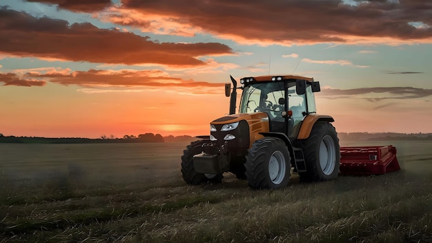 Photo tracteur sur le champ de céréales avec le ciel avec des nuages