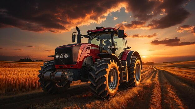 Photo tracteur conduisant sur une route de terre champ ciel rouge superstructure mécanique réduire la duplication