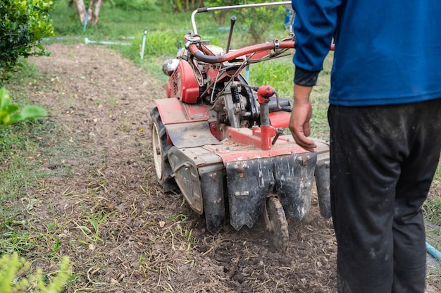 Tracteur de conduite d'agriculteur pelleter le sol en plantation