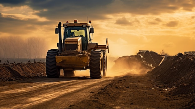 Un tracteur de construction innovant sur une route de terre au coucher du soleil