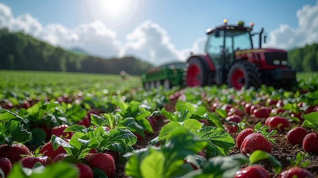 un tracteur cueille des fraises dans un champ avec un ciel en arrière-plan