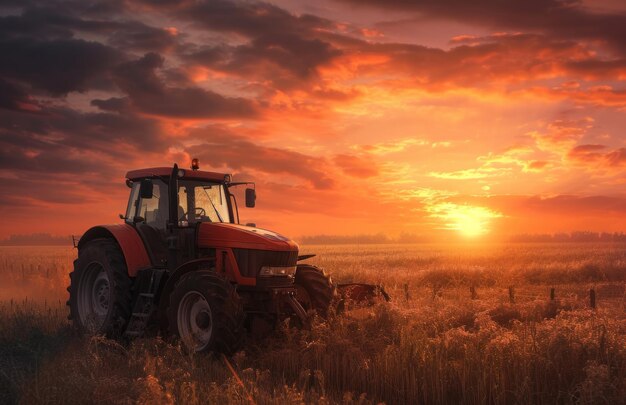 tracteur dans un champ au coucher du soleil