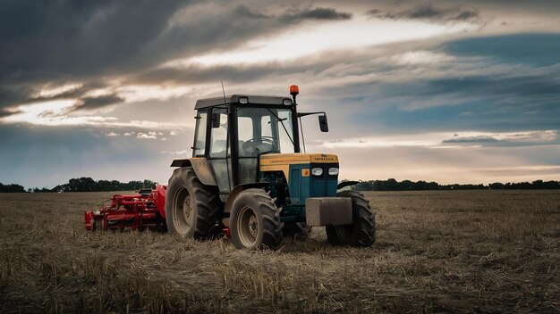 Photo un tracteur dans un champ avec un ciel nuageux