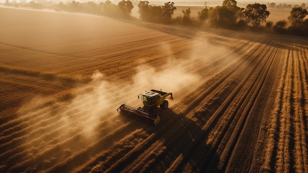 Un tracteur dans un champ entouré de poussière