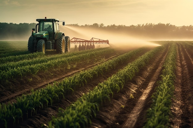 Un tracteur dans un champ avec un pulvérisateur sur le côté.