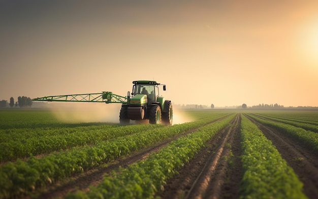 Un tracteur dans un champ avec un pulvérisateur dessus