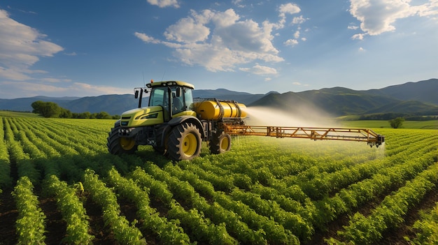 tracteur dans un champ vert au coucher du soleil