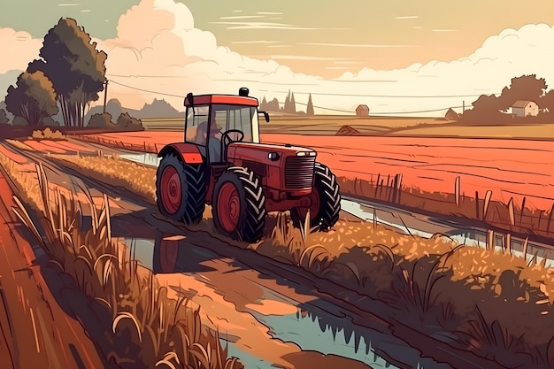 Un tracteur dans une ferme avec un champ en arrière-plan