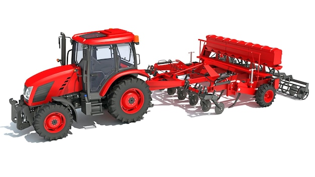 Tracteur avec équipement agricole de forage de semences disque harrow rendu 3D sur fond blanc