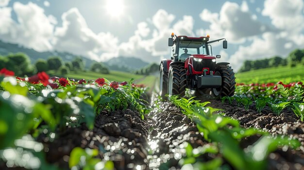 un tracteur est dans un champ avec le soleil brillant sur le sol