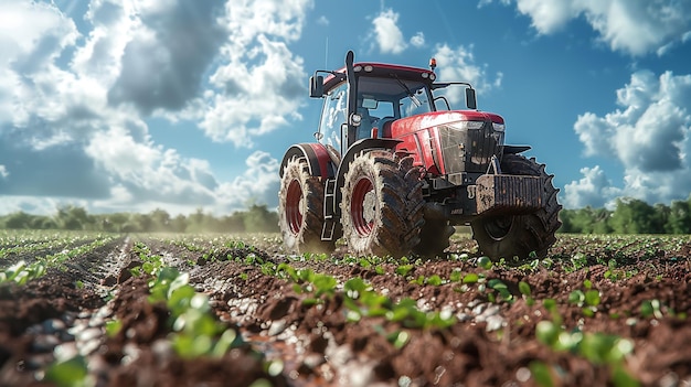 un tracteur est en train de labourer un champ avec les mots " t " sur le côté