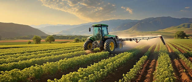 Un tracteur sur une ferme de soja versant de l'eau ou de l'engrais avec des pesticides contre un ciel magnifique en arrière-plan