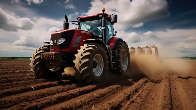 Tracteur labourant un champ avec de la poussière soulevée par les pneus