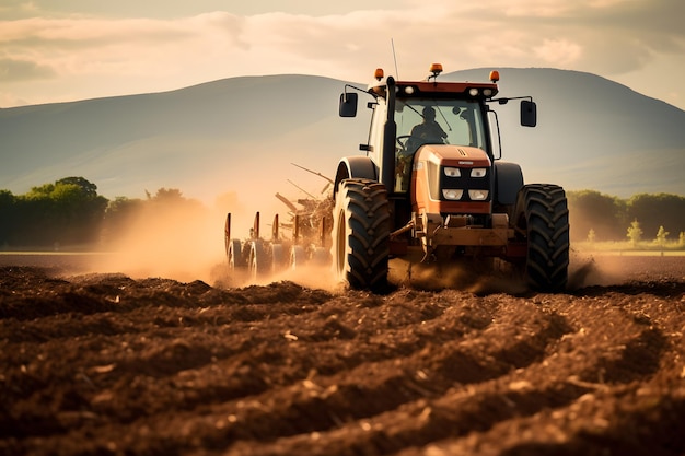 Un tracteur labourant un champ