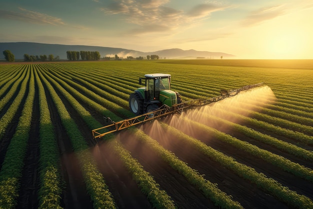 Un tracteur laboure un champ au coucher du soleil