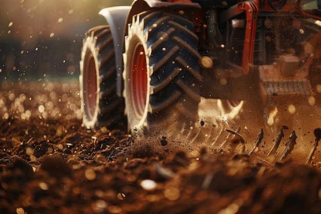 Photo tracteur-machine avec char en action tournant le sol