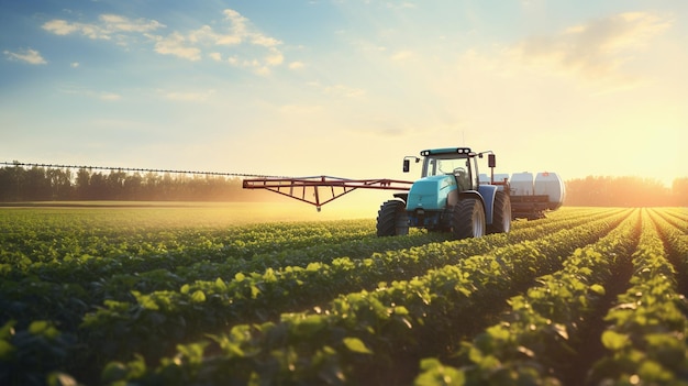 tracteur moderne travaillant dans le champ avec la lumière du coucher du soleil