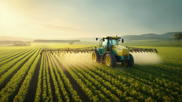 tracteur moderne travaillant dans le champ avec la lumière du coucher du soleil