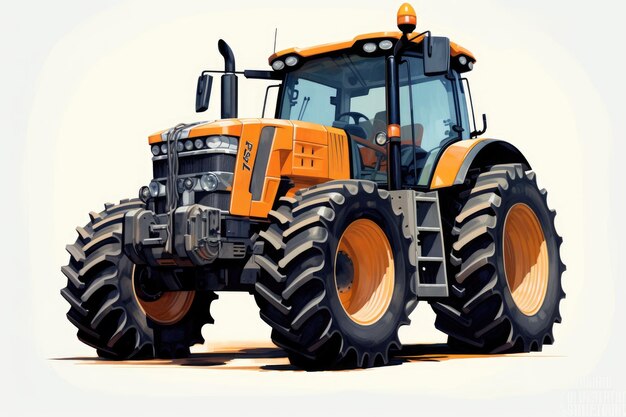 tracteur orange avec de grands pneus sur un fond blanc