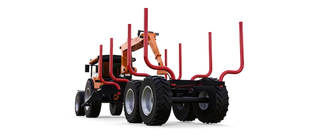 Tracteur orange avec une remorque pour se connecter sur un fond blanc. rendu 3D.