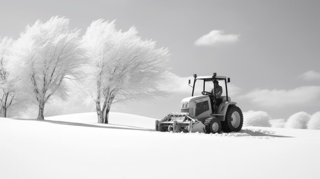 Tracteur de portrait d'hiver minimaliste dans la neige monochromatique