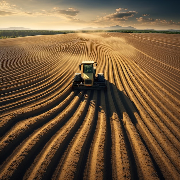 Un tracteur puissant laboure un vaste champ, laissant derrière lui des rangées de terre fraîchement tournée.