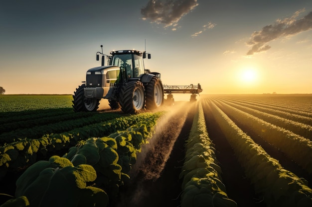 Tracteur pulvérisant des pesticides sur un champ de soja au printemps AI Generation