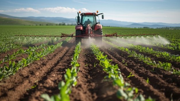 Tracteur pulvérisant des pesticides sur un champ de soja Machines agricoles en fonctionnement