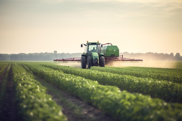 Tracteur pulvérisant des pesticides sur un champ de soja avec un pulvérisateur au coucher du soleil Generative AI