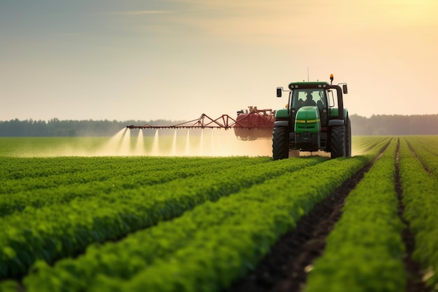 Tracteur pulvérisant des pesticides sur le champ de soja avec pulvérisateur au printemps