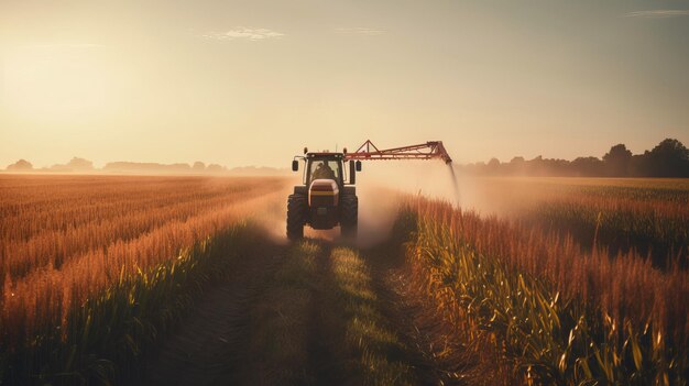 Tracteur pulvérisant des pesticides sur les champs de maïs au coucher du soleil